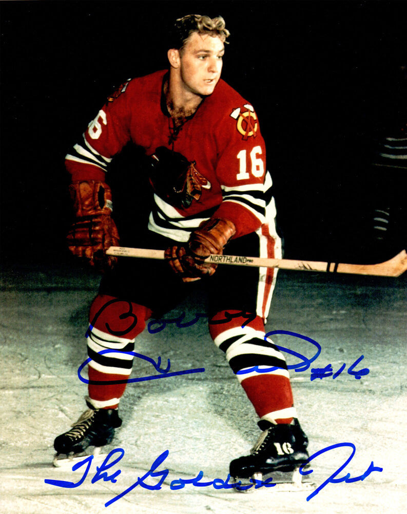 Bobby Hull Autographed Chicago Blackhawks Color Stance 8x10 Photo with The Golden Jet-Powers Sports Memorabilia