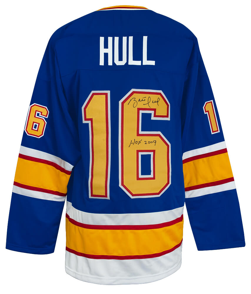 Brett Hull Autographed Blue Custom Hockey Jersey with HOF 2009-Powers Sports Memorabilia