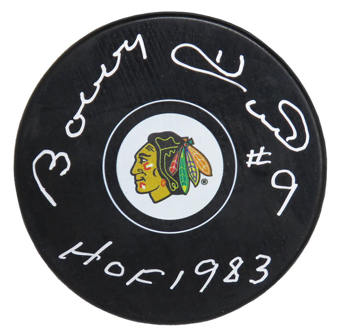 Bobby Hull Autographed Chicago Blackhawks Logo Hockey Puck with HOF 1983-Powers Sports Memorabilia