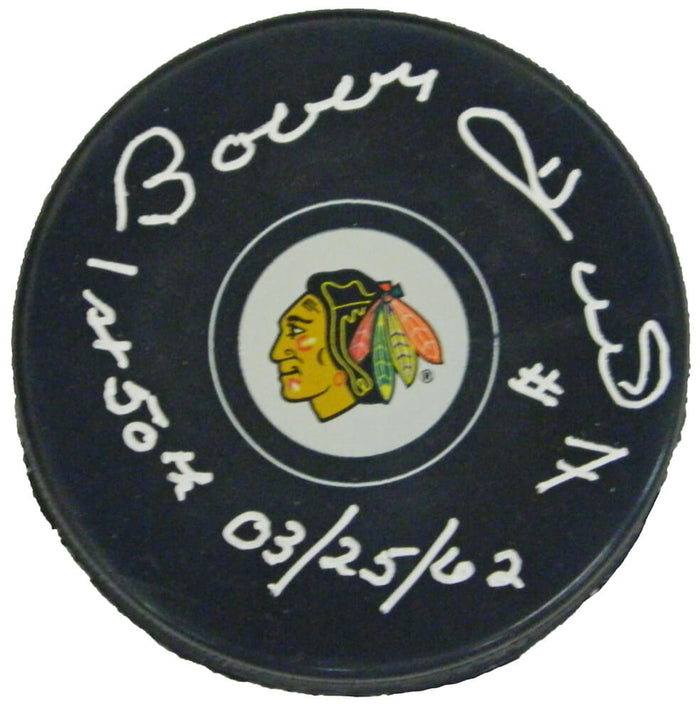 Bobby Hull Autographed Chicago Blackhawks Logo Hockey Puck with 1st 50th 03-25-62-Powers Sports Memorabilia