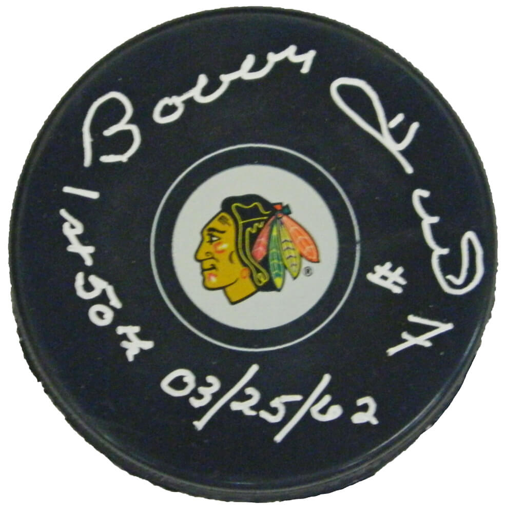 Bobby Hull Autographed Chicago Blackhawks Logo Hockey Puck with 1st 50th 03-25-62-Powers Sports Memorabilia