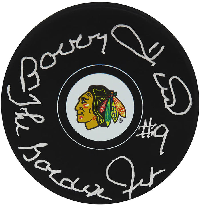 Bobby Hull Autographed Chicago Blackhawks Team Logo Hockey Puck with The Golden Jet-Powers Sports Memorabilia