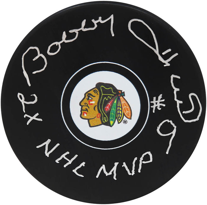 Bobby Hull Autographed Chicago Blackhawks Team Logo Hockey Puck with 2x NHL MVP-Powers Sports Memorabilia