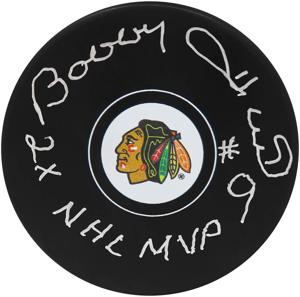 Bobby Hull Autographed Chicago Blackhawks Team Logo Hockey Puck with 2x NHL MVP-Powers Sports Memorabilia