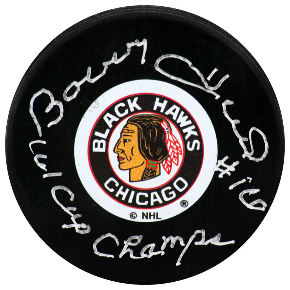 Bobby Hull Autographed Chicago Blackhawks Throwback Logo Hockey Puck with 61 Cup Champs - (PSA)-Powers Sports Memorabilia