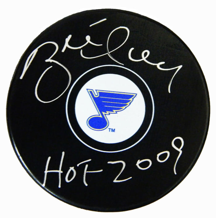 Brett Hull Autographed St Louis Blue Logo Hockey Puck with HOF'2009-Powers Sports Memorabilia