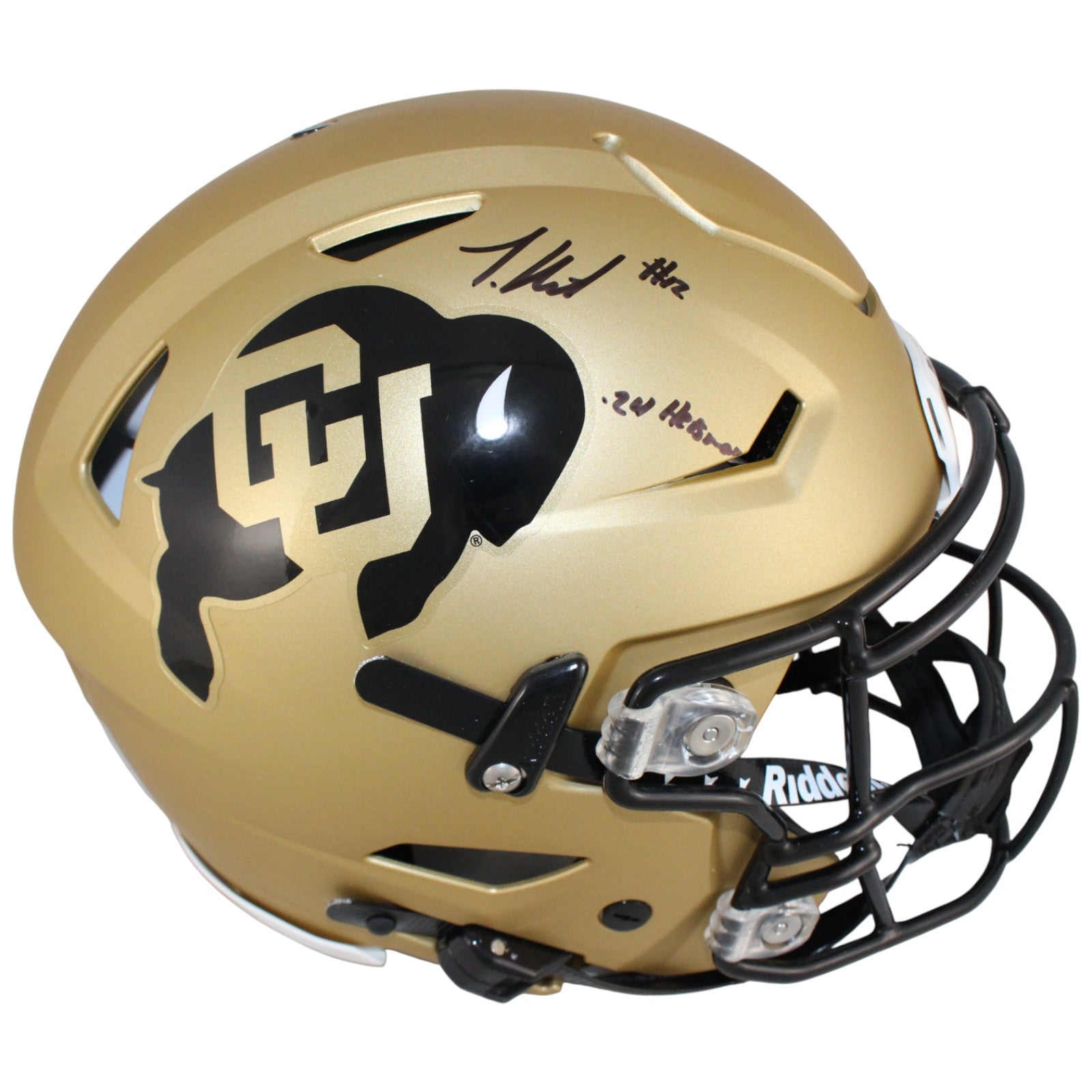Travis Hunter Colorado Buffaloes Gold SpeedFlex Signed Helmet-Powers Sports Memorabilia