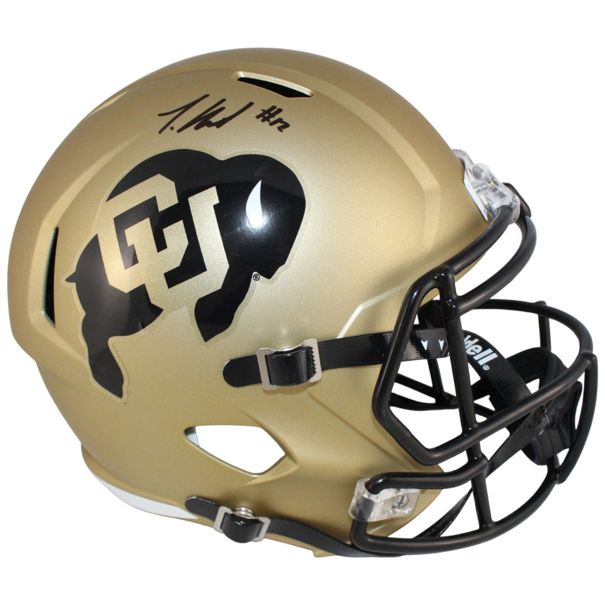 Travis Hunter Colorado Buffaloes F/S Gold Signed Helmet Beckett W 53366 Beckett-Powers Sports Memorabilia