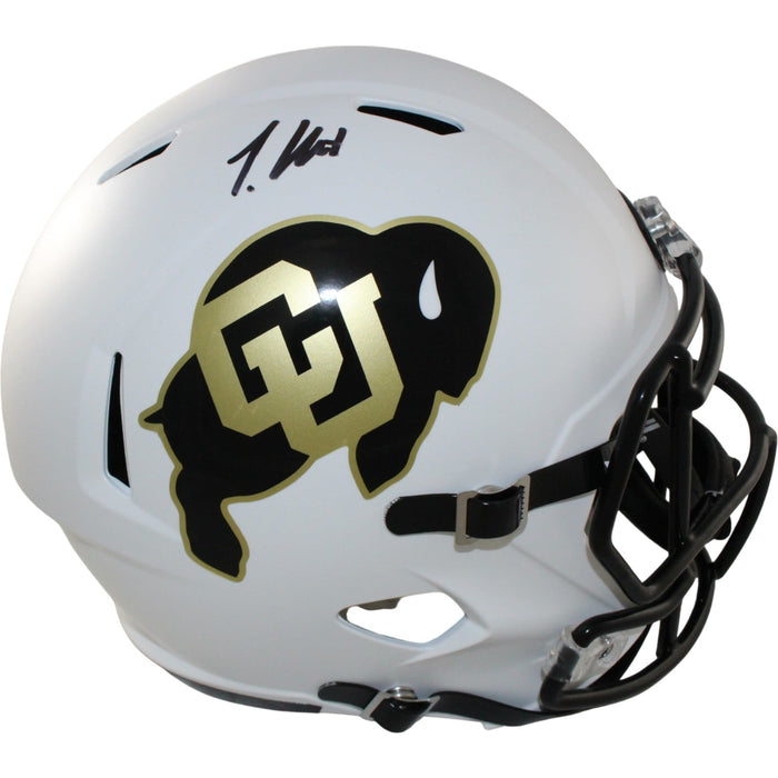 Travis Hunter Signed Colorado Buffaloes Full-Size White Helmet Beckett WIT-Powers Sports Memorabilia