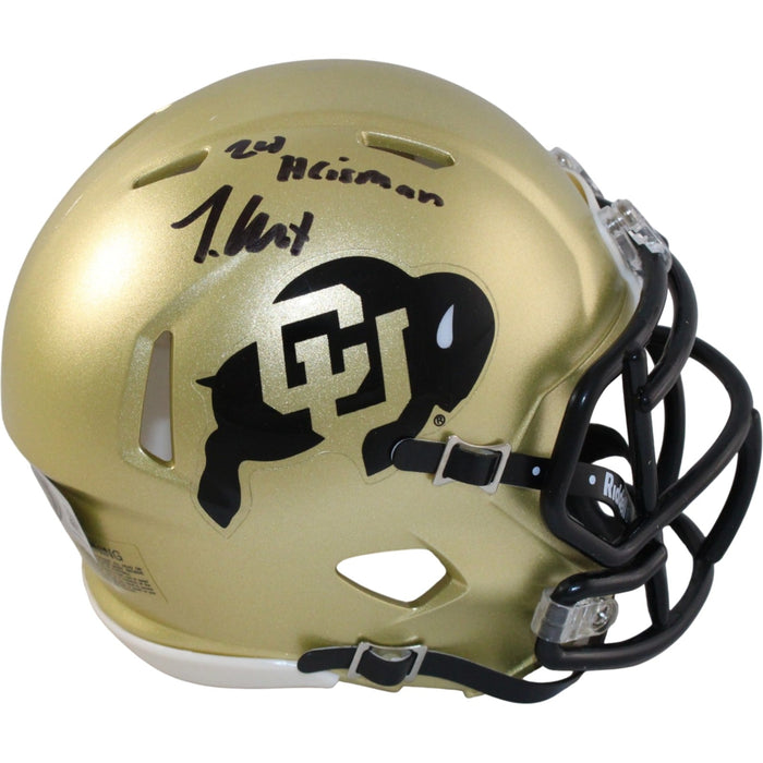 Travis Hunter Signed Colorado Buffaloes Mini Helmet Heisman Beckett W-Powers Sports Memorabilia