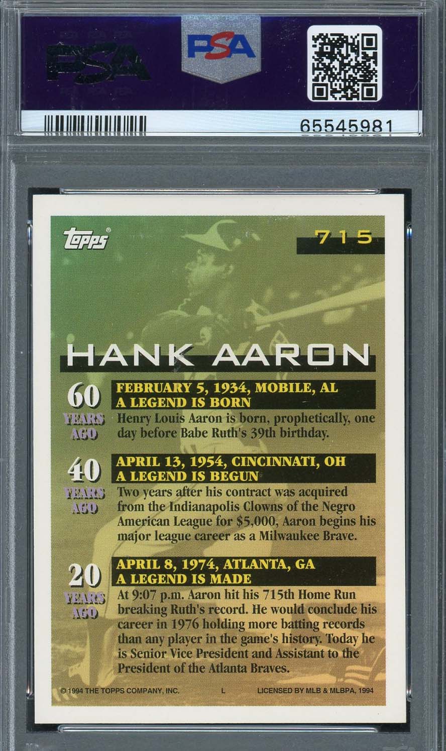Hank Aaron 1994 Topps Baseball Card #715 Graded PSA 10-Powers Sports Memorabilia