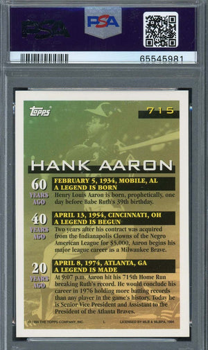 Hank Aaron 1994 Topps Baseball Card #715 Graded PSA 10-Powers Sports Memorabilia