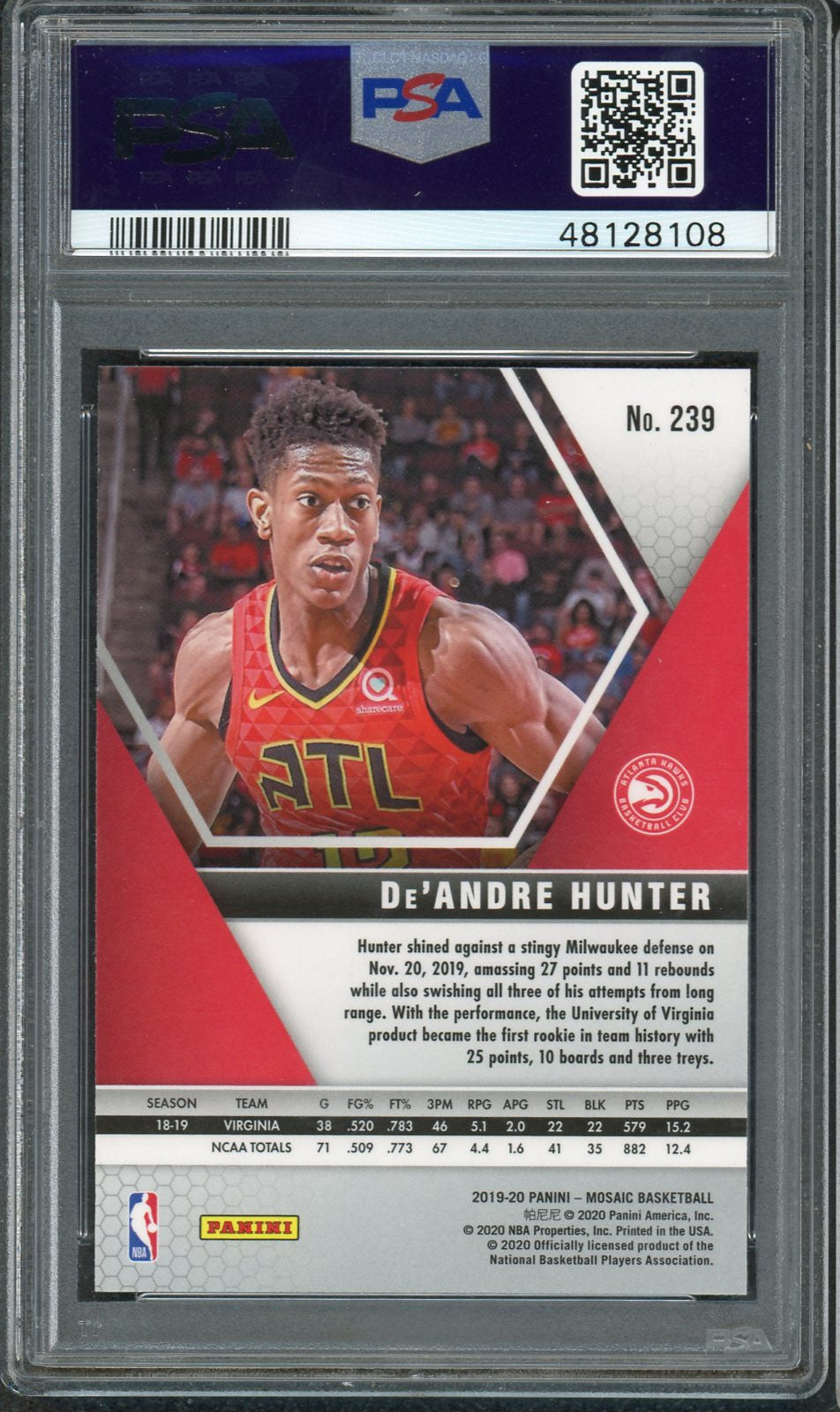 De'Andre Hunter 2019 Panini Mosaic Basketball Rookie Card RC #239 Graded PSA 9 MINT-Powers Sports Memorabilia