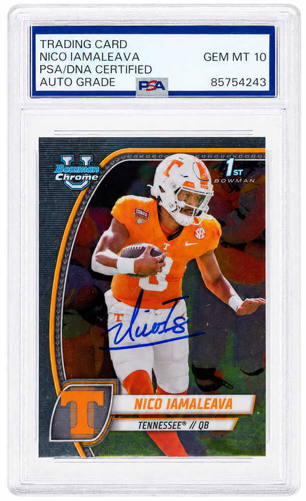 Nico Iamaleava Autographed 2024 Bowman Chrome (1st Bowman) Football Trading Card #139 - (PSA Encapsulated - Auto Grade 10)-Powers Sports Memorabilia