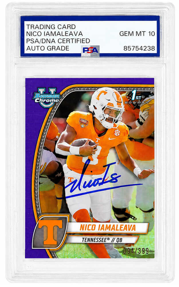 Nico Iamaleava Autographed 2024 Bowman Chrome (1st Bowman) Purple Refractor LE/399 Football Card #139 - (PSA - Auto Grade 10)-Powers Sports Memorabilia
