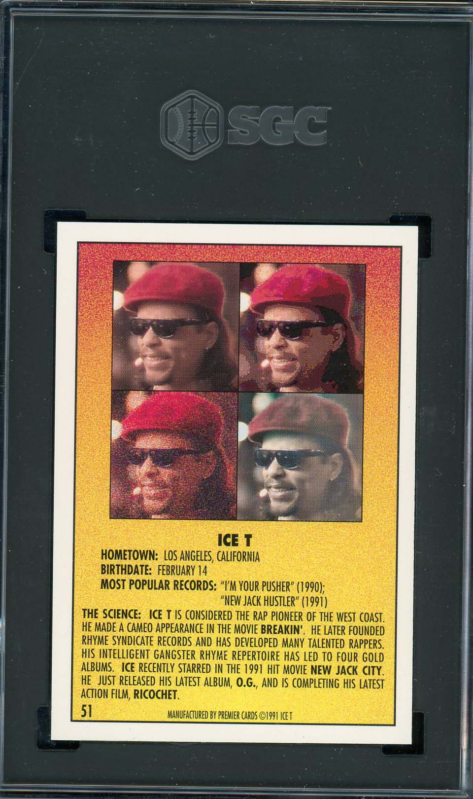 ICE-T 1991 Premier Rap Pack Card #51 Graded SGC 9-Powers Sports Memorabilia