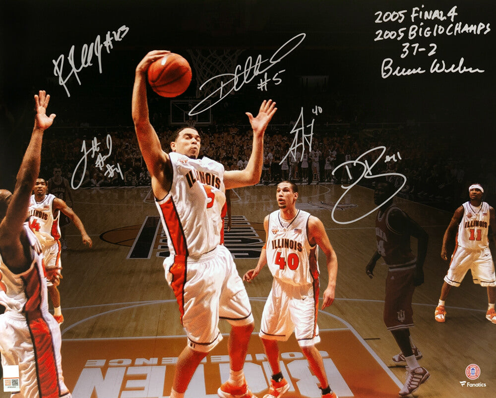 2005 Illinois Fighting Illini Team Autographed Basketball Starting Five Spotlight Action 16x20 with 6-Sigs, 3-Insciptions-Powers Sports Memorabilia