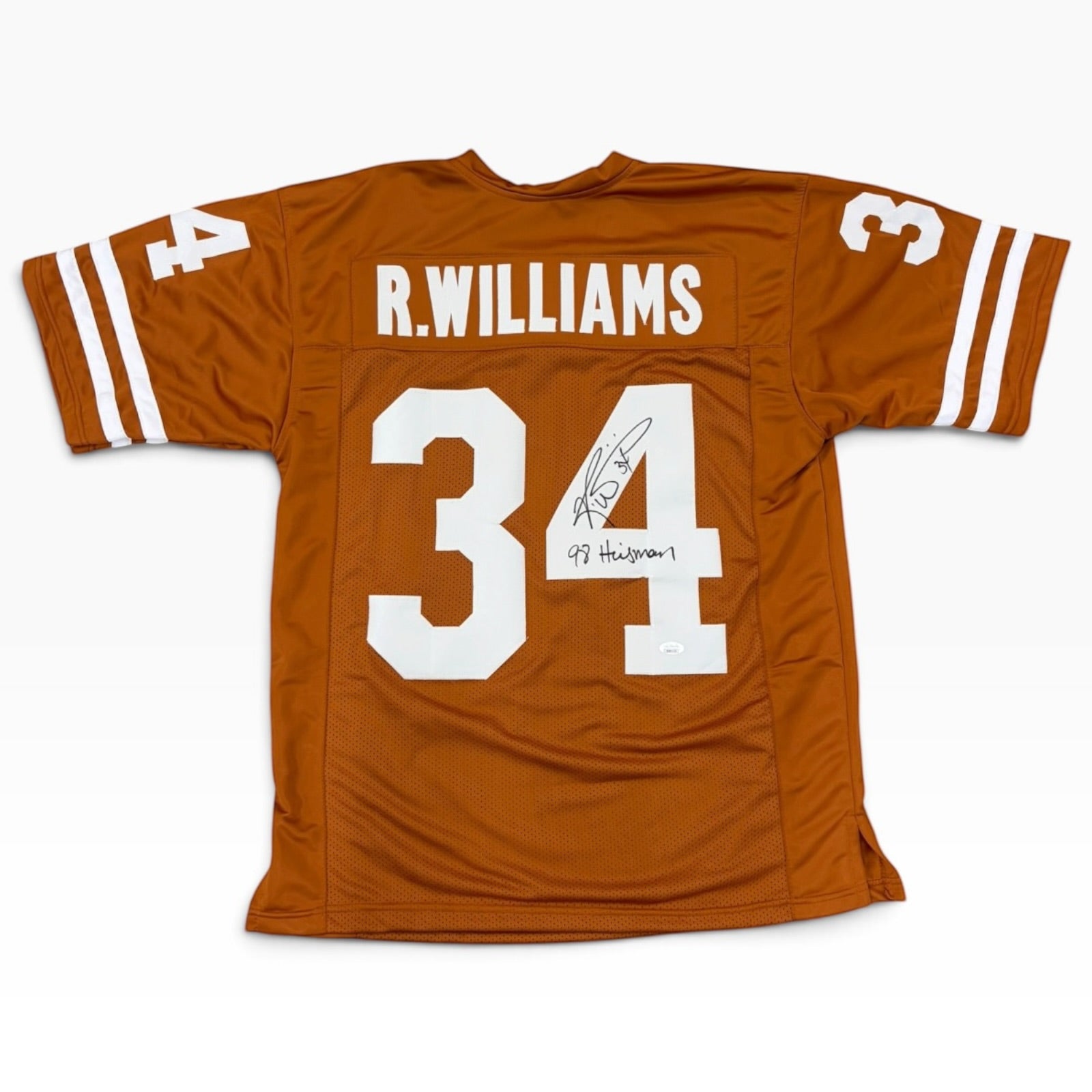 Autographed Ricky Williams Texas Longhorns (Orange #34) Custom Jersey w/ “98 Heisman"-Powers Sports Memorabilia