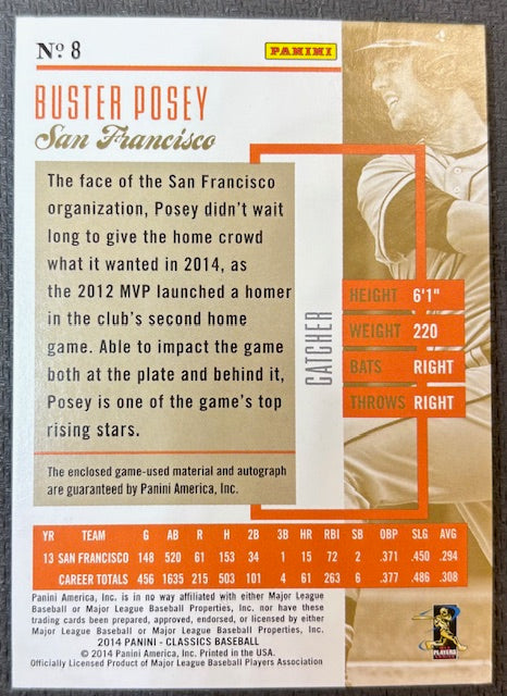 Buster Posey 2014 Panini Classics Signed Game Used Baseball Bat Significant Signatures Patch Auto Card #28 08/25-Powers Sports Memorabilia
