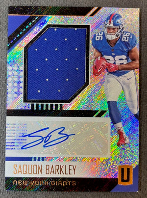 Saquon Barkley 2018 Panini Unparalleled Signed Football Player Worn Jersey Auto Rookie Card #RJA-SB-Powers Sports Memorabilia