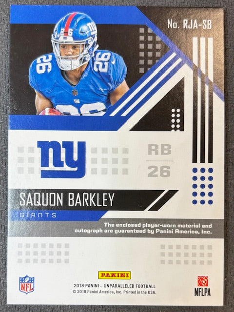 Saquon Barkley 2018 Panini Unparalleled Signed Football Player Worn Jersey Auto Rookie Card #RJA-SB-Powers Sports Memorabilia