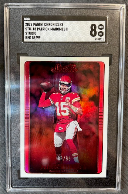Patrick Mahomes II 2022 Panini Chronicles Studio Football Red Card #STU-18 Graded SGC 8 Cert #8533511 89/99-Powers Sports Memorabilia