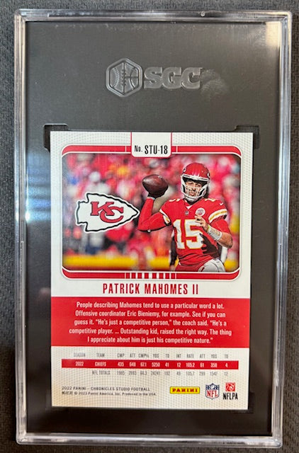 Patrick Mahomes II 2022 Panini Chronicles Studio Football Red Card #STU-18 Graded SGC 8 Cert #8533511 89/99-Powers Sports Memorabilia
