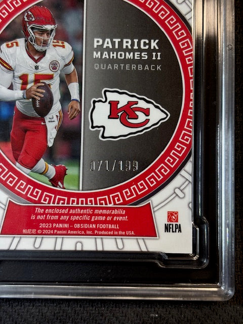 Patrick Mahomes II 2023 Panini Obsidian Football Eclipse Material Card #ECL-PMA Graded SGC 8 Cert #9767714 71/199-Powers Sports Memorabilia
