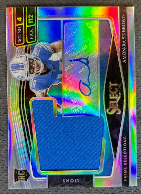Amon Ra St Brown 2021 Panini Select Prime Selections Signed Football Rookie Patch Auto Card #PS-AST 16/49-Powers Sports Memorabilia
