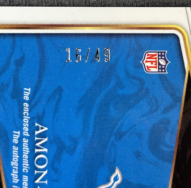 Amon Ra St Brown 2021 Panini Select Prime Selections Signed Football Rookie Patch Auto Card #PS-AST 16/49-Powers Sports Memorabilia