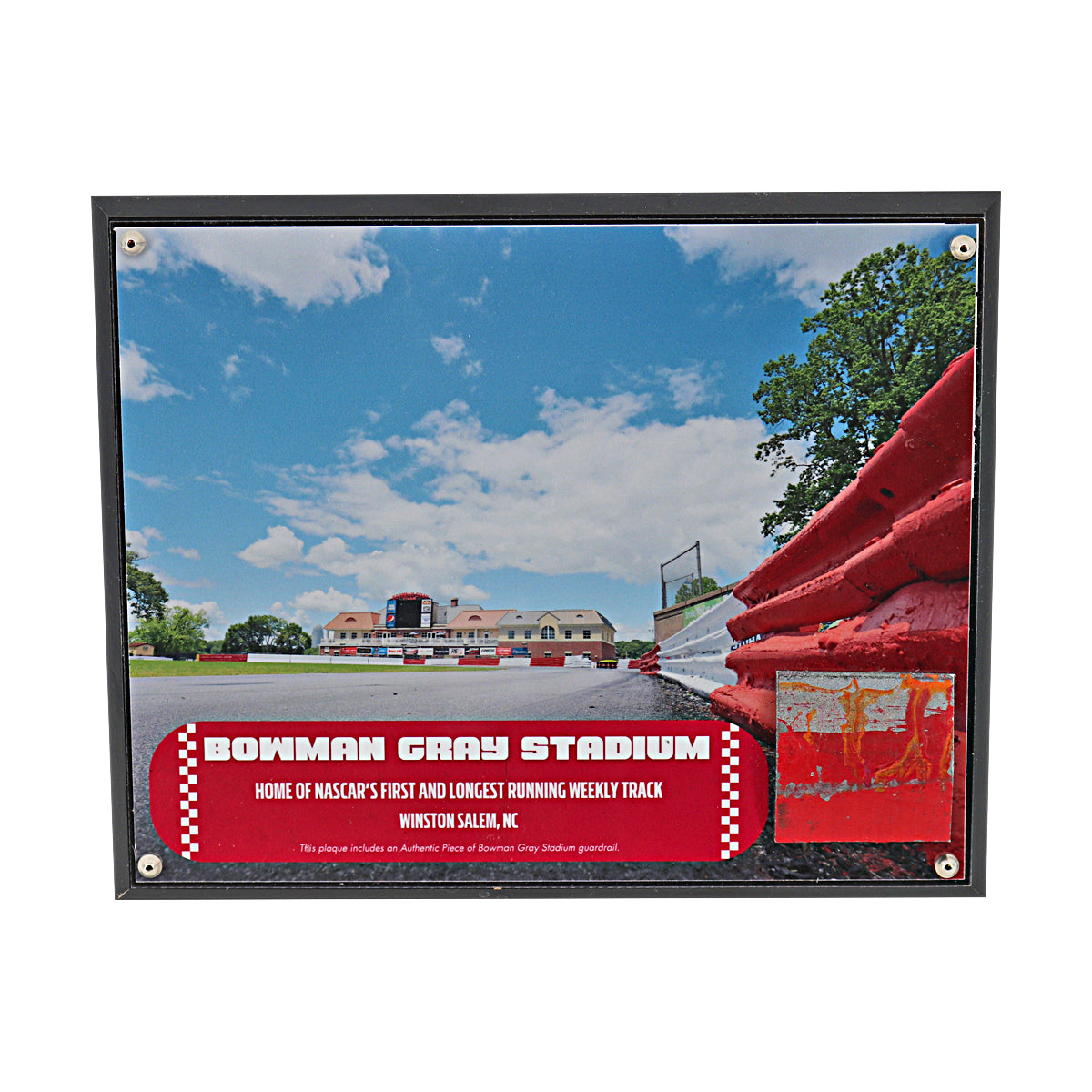 Bowman Gray Stadium Wall Hangable Plaque with Authentic Piece of Actual Racetrack Guardrail
