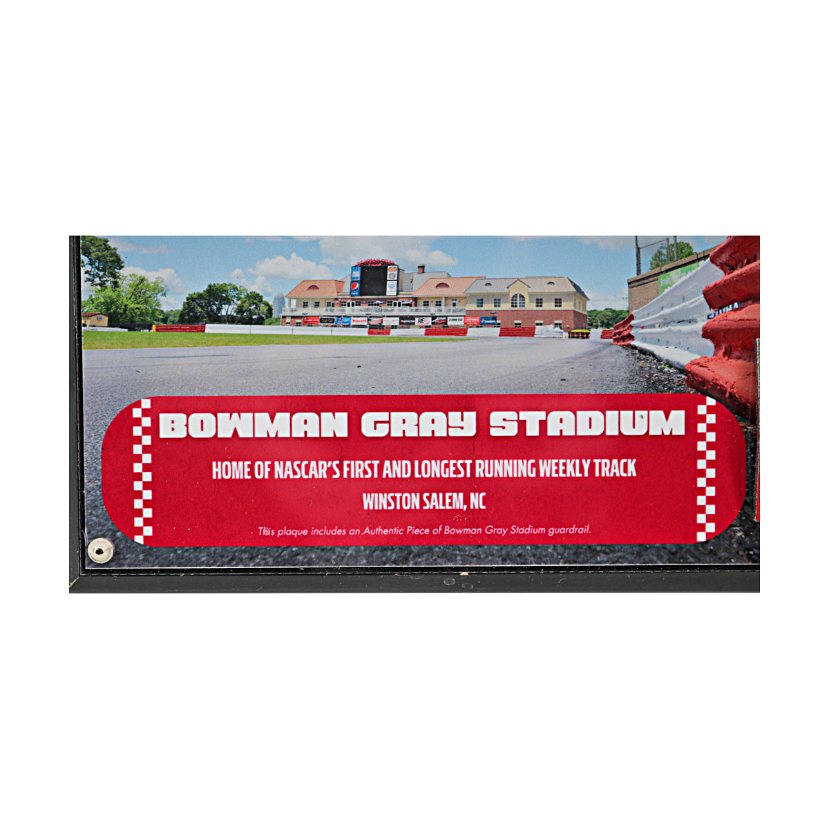 Bowman Gray Stadium Wall Hangable Plaque with Authentic Piece of Actual Racetrack Guardrail