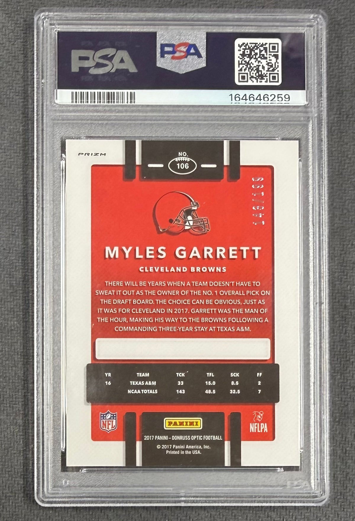 Myles Garrett 2017 Donruss Optic Orange Rookie Card #106 PSA 9 Auto 10 /199-Powers Sports Memorabilia