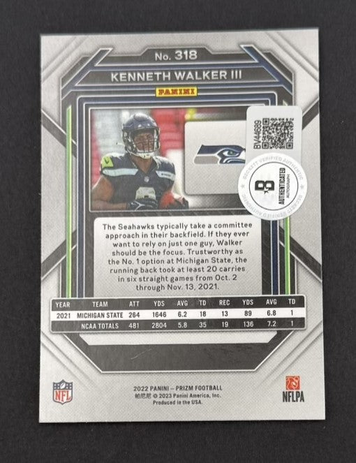 Kenneth Walker III 2022 Panini Prizm Seattle Seahawks Signed Football RC Rookie Card #318 Beckett Authenticated BV44689-Powers Sports Memorabilia