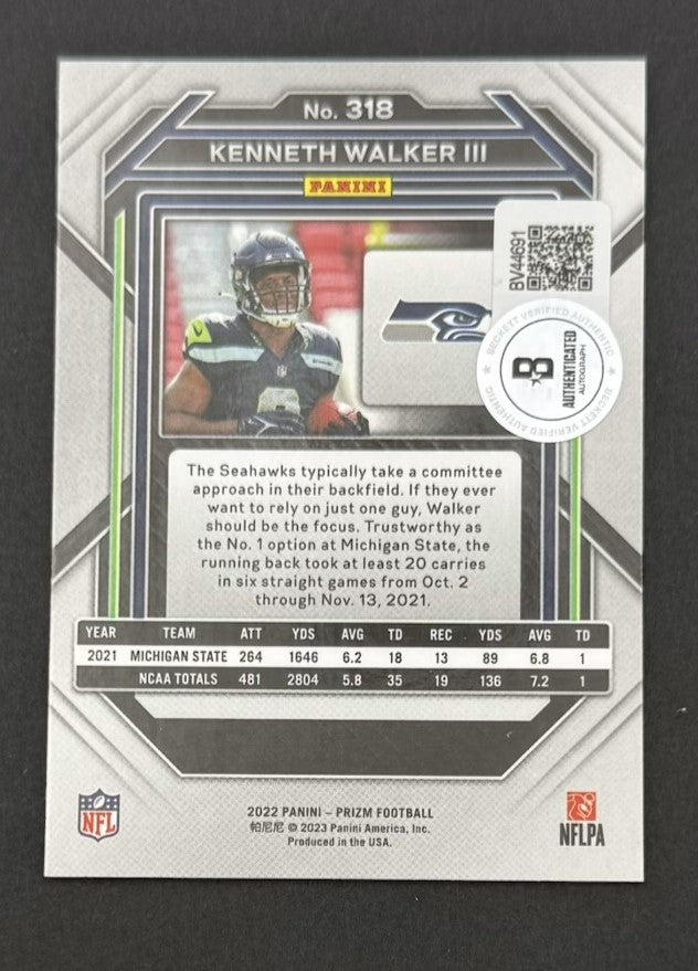 Kenneth Walker III 2022 Panini Prizm Seattle Seahawks Signed Football RC Rookie Card #318 Beckett Authenticated BV44691-Powers Sports Memorabilia