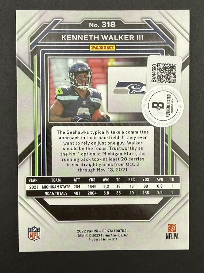 Kenneth Walker III 2022 Panini Prizm Seattle Seahawks Signed Football RC Rookie Card #318 Beckett Authenticated BV44690-Powers Sports Memorabilia
