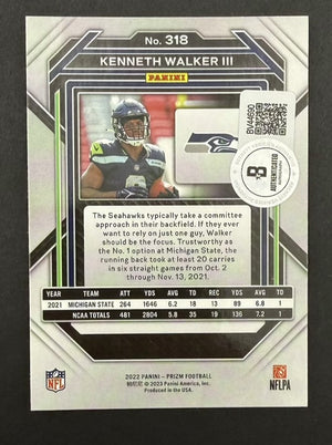 Kenneth Walker III 2022 Panini Prizm Seattle Seahawks Signed Football RC Rookie Card #318 Beckett Authenticated BV44690-Powers Sports Memorabilia