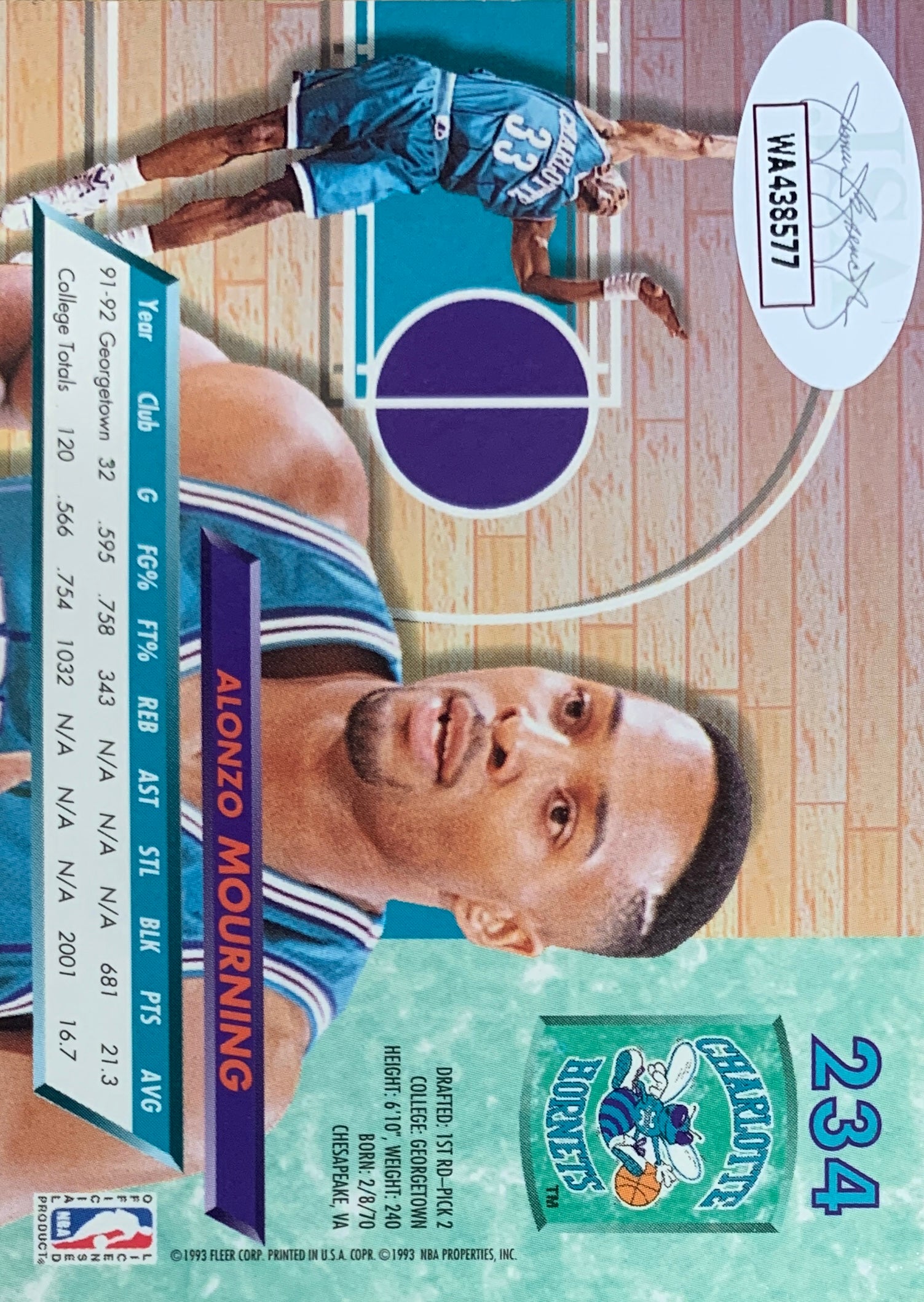Alonzo Mourning Autographed 1992 Fleer Ultra Signed Basketball Rookie Card #234 Auto JSA COA-Powers Sports Memorabilia