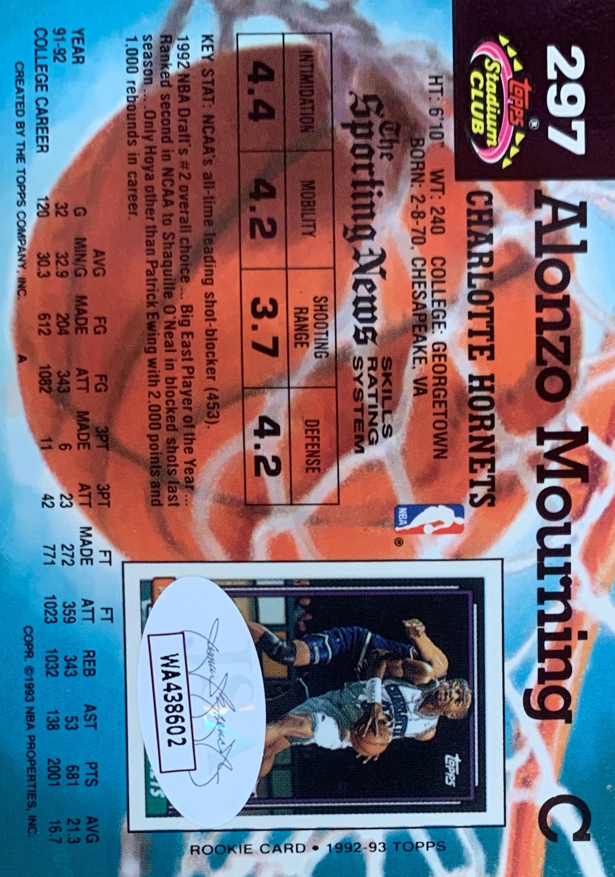 Alonzo Mourning Autographed 1992 Topps Stadium Club Signed Basketball Rookie Card #297 Auto JSA COA-Powers Sports Memorabilia