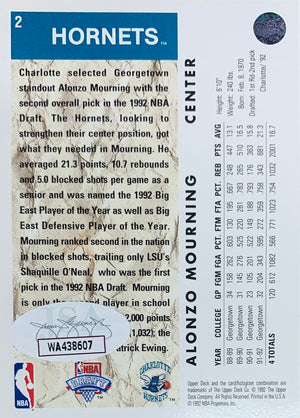 Alonzo Mourning Autographed 1992 Upper Deck Signed Basketball Rookie Card #2 Auto JSA COA-Powers Sports Memorabilia