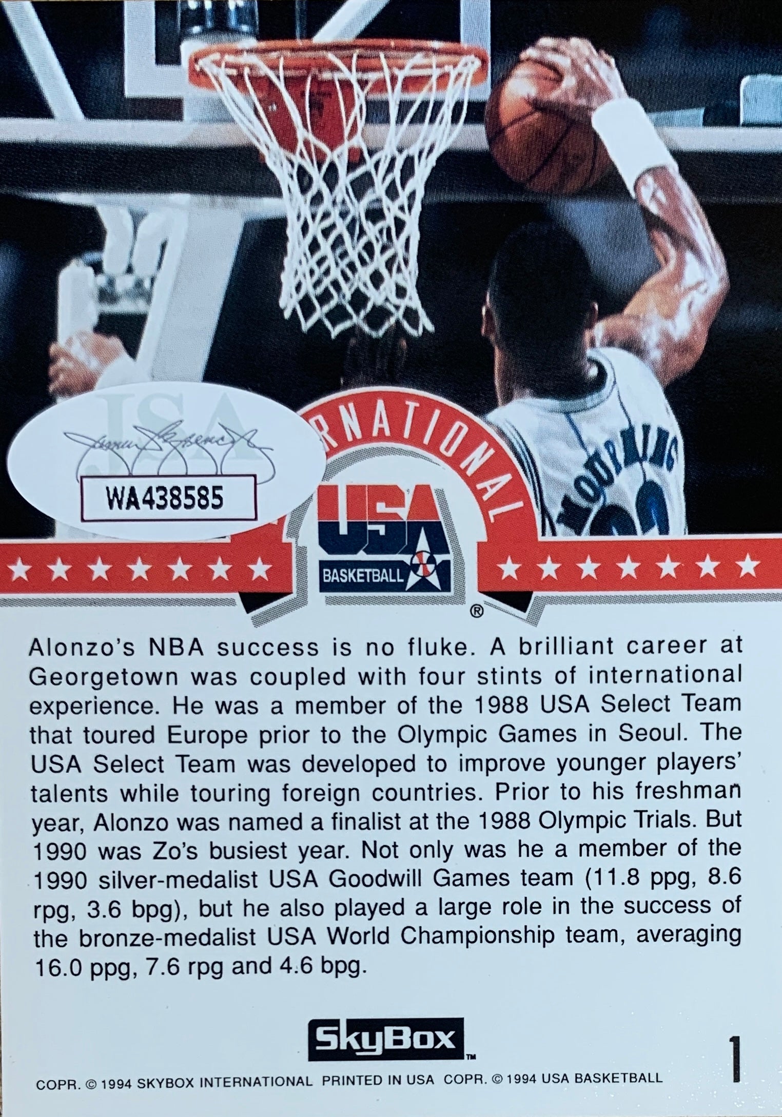 Alonzo Mourning Autographed 1994 Skybox Signed Basketball Card #1 Auto JSA COA-Powers Sports Memorabilia