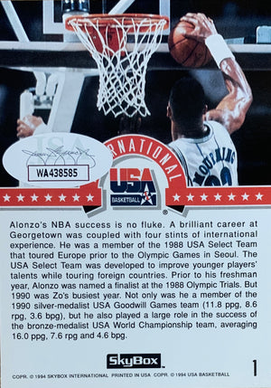 Alonzo Mourning Autographed 1994 Skybox Signed Basketball Card #1 Auto JSA COA-Powers Sports Memorabilia