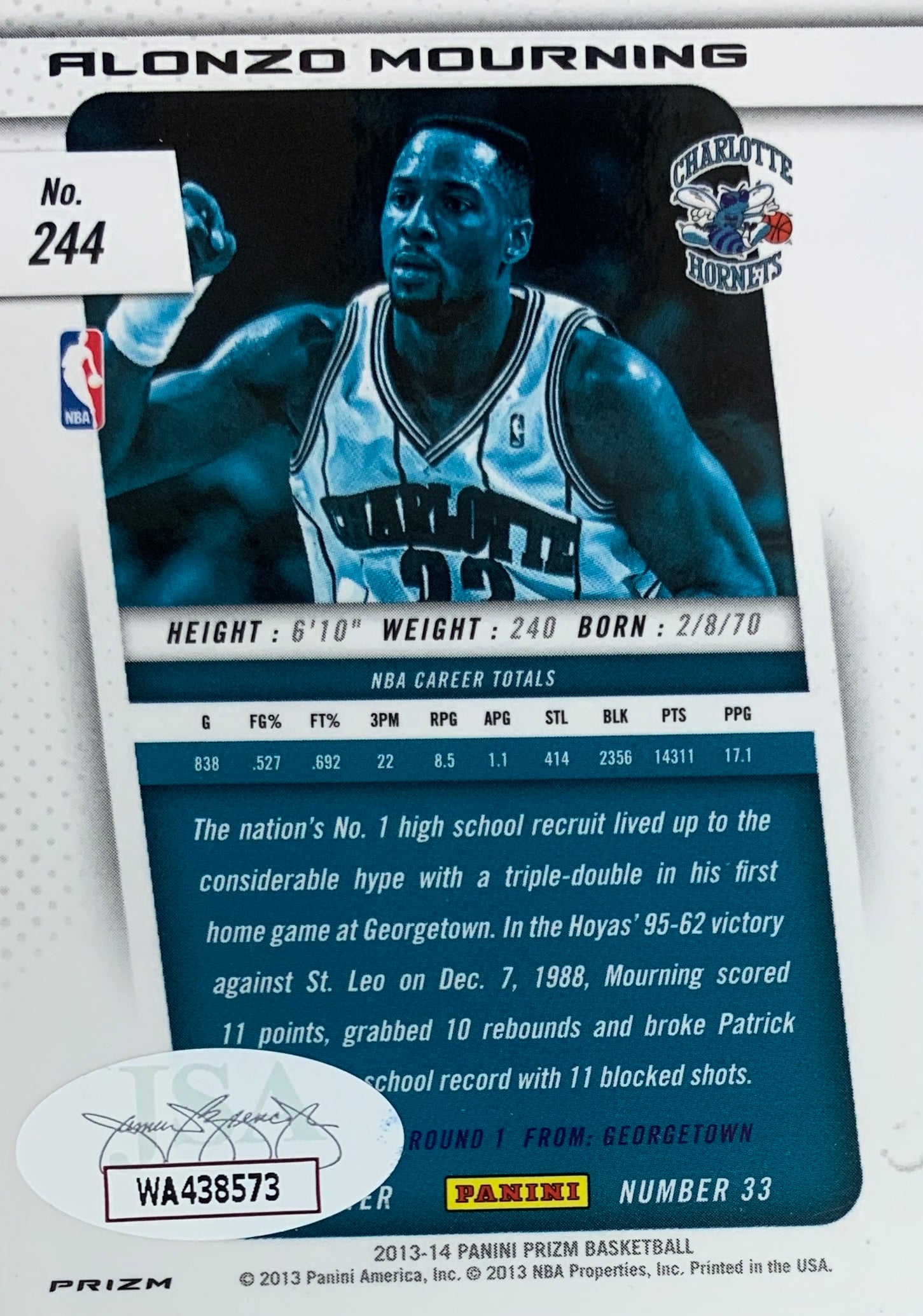 Alonzo Mourning Autographed 2013 Panini Green Prizm Signed Basketball Card #244 Auto JSA COA-Powers Sports Memorabilia