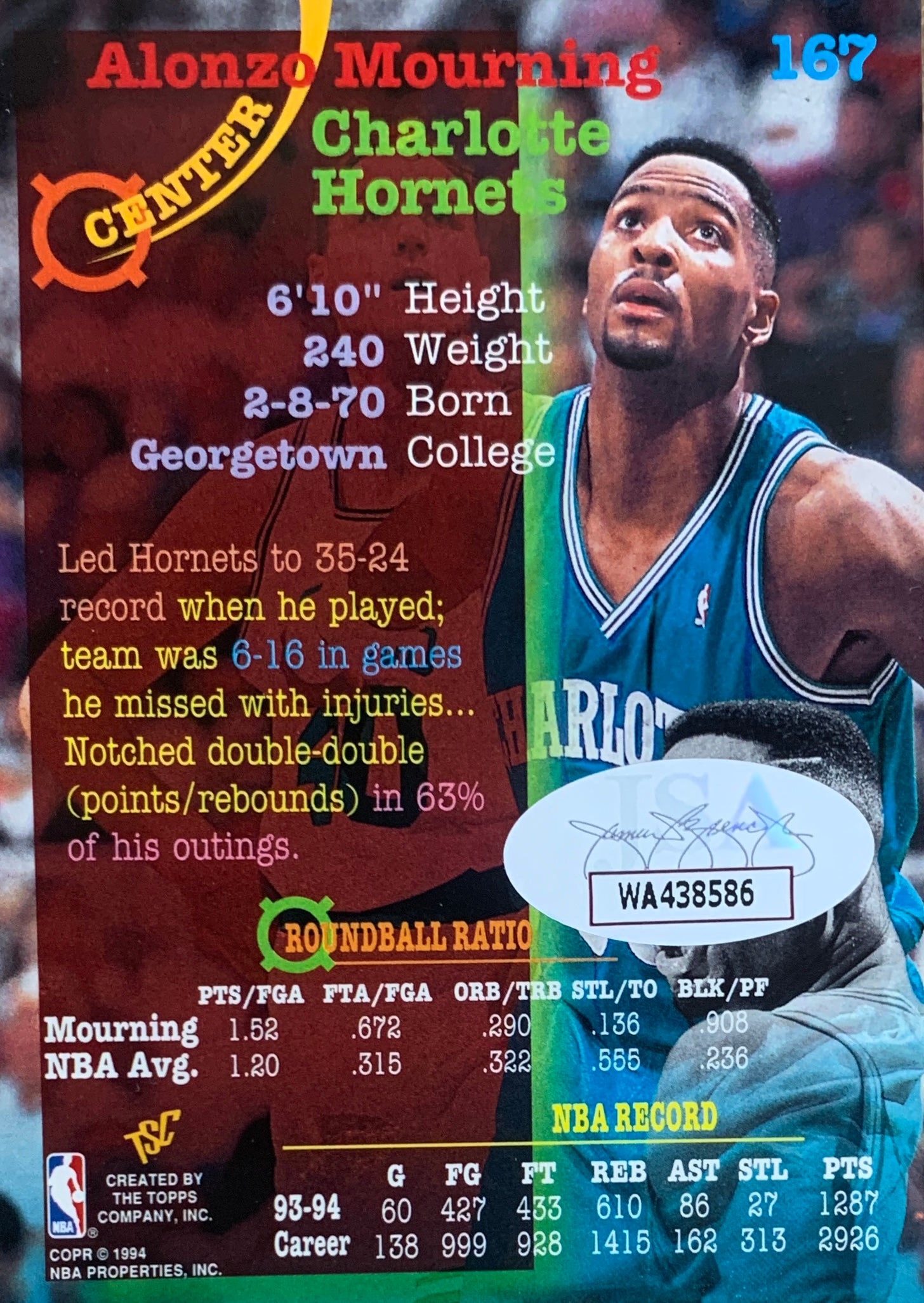 Alonzo Mourning Autographed 1994 Topps Stadium Club Signed Basketball Card #167 Auto JSA COA-Powers Sports Memorabilia