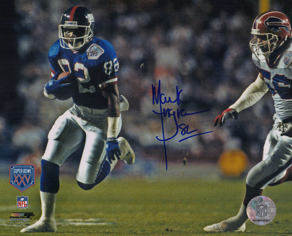 Mark Ingram Autographed New York Giants Super Bowl XXV Blue Jersey Action 8x10 Photo-Powers Sports Memorabilia