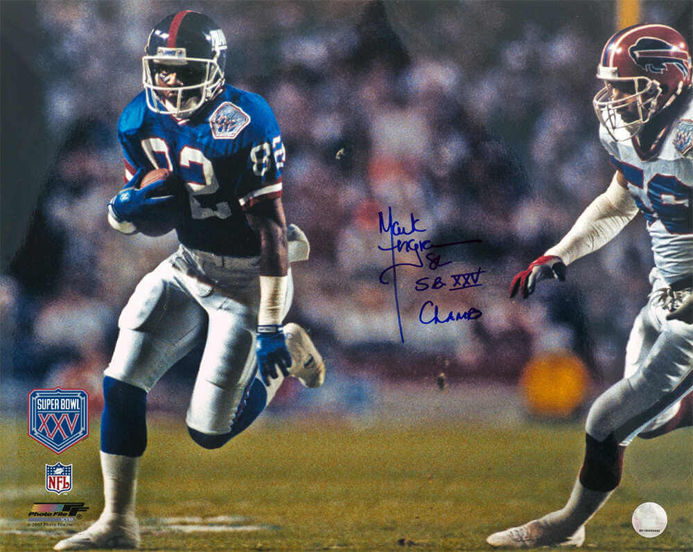 Mark Ingram Autographed New York Giants Super Bowl XXV Blue Jersey Action 16x20 Photo with SB XXV Champs-Powers Sports Memorabilia