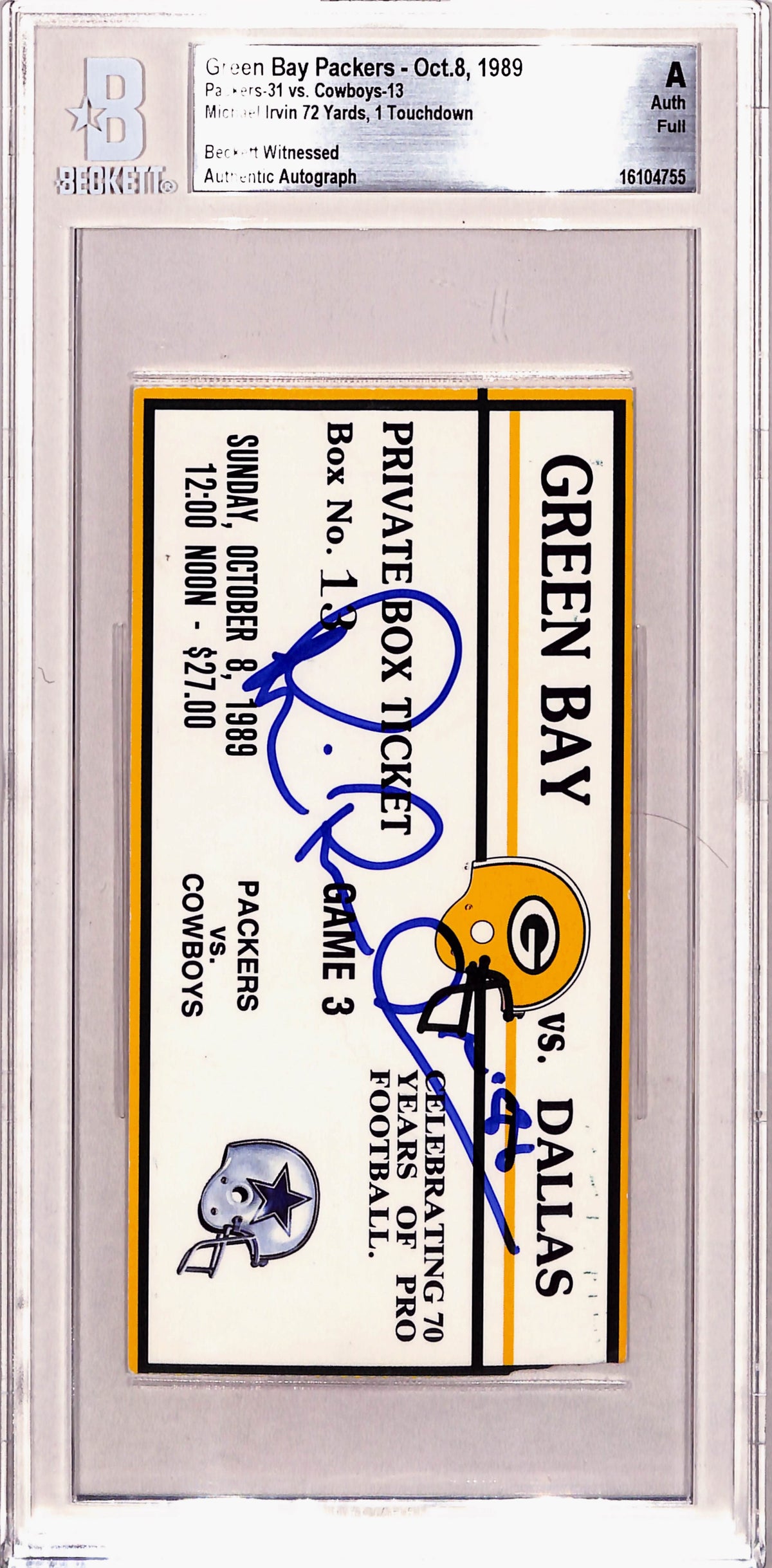 Michael Irvin Dallas Cowboys Signed Card - Ticket Stub 10/08/89 Beckett Slab Beckett-Powers Sports Memorabilia