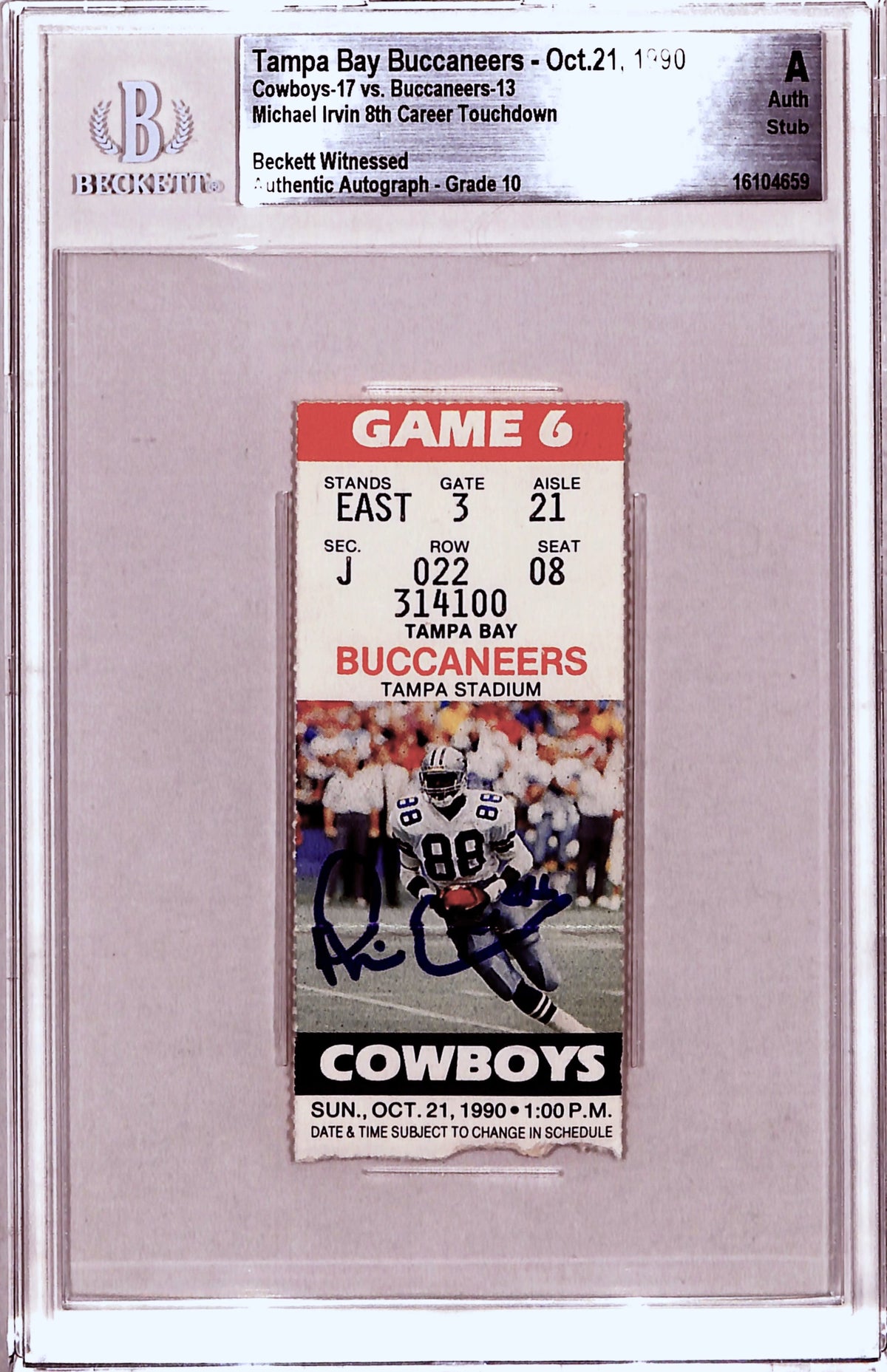 Michael Irvin Dallas Cowboys Signed Card - Ticket Stub 10/21/90 Beckett Slab Beckett-Powers Sports Memorabilia