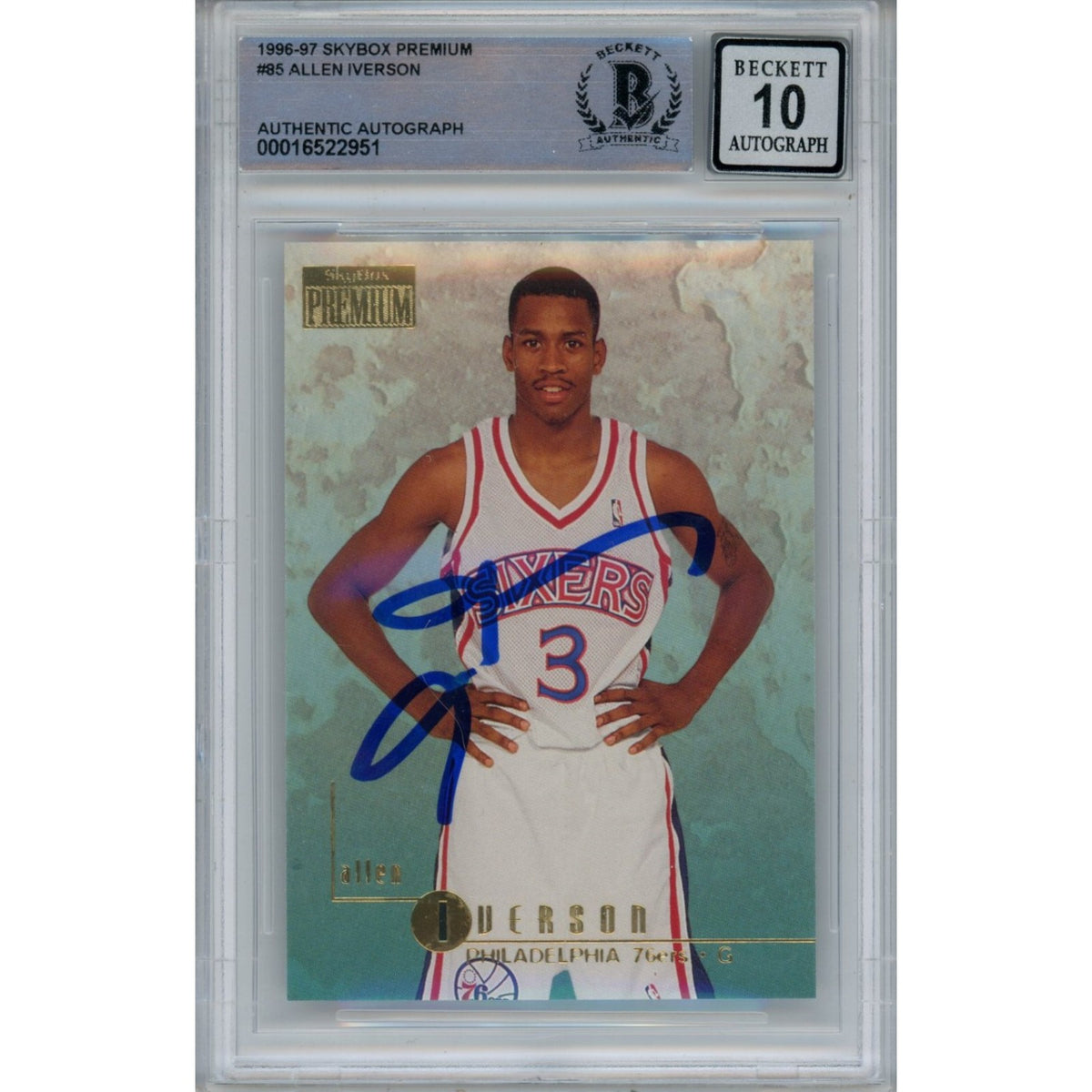 Allen Iverson Philadelphia 76ers Signed Card - 1996 Skybox 85 10 Grade Beckett Beckett-Powers Sports Memorabilia