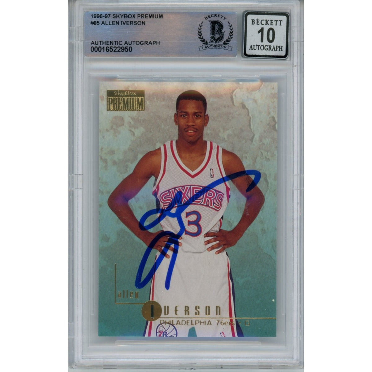 Allen Iverson Philadelphia 76ers Signed Card - 1996 Skybox 85 10 Grade Beckett Beckett - 47058-Powers Sports Memorabilia
